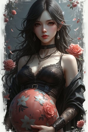 woman, (upper body:1.3), portrait, (snicker design with white border:1.2), black and dark, (serene:1.2), (detailed outfit), (water drops on the glass background:1.2), (huge blooming flower on the belly:1.2), intricate, masterpiece, (2D illustrator:1.2), best quality, highres, girly color, (highly detail).