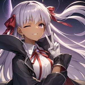 wink　peace sign,best quality:1.2),newest, ai-generated,intricate,score_9, score_8_up, score_7_up,hand job,,game cg
, bbswimst3, dark skin, hair ribbon, black coat, open coat, popped collar, white leotard, neck ribbon, white gloves