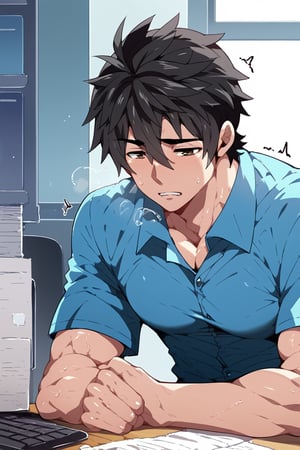 Prompt: Prompt: Prompt: score_9, score_8_up, score_7_up, score_6_up, score_5_up, score_4_up, source_anime, 1boy, male focus, solo, Expressiveh, BREAK, Tomoki_Full_Service, black hair, hair between eyes, blue eyes, short hair, shirt, man, Tomoki_nakamoto, stand up, left the table, breathing heavily, tired, in office,
