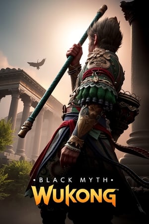 The poster for 'Black Myth: Wukong' features Wukong in a powerful, heroic pose, depicted with intense focus and determination, illuminated by dramatic, cinematic lighting that enhances the intricate details of his ornate armor, which blends traditional Asian motifs with fantastical designs. His staff, detailed with ancient runes and glowing with mystical energy, is central to the composition, surrounded by dynamic magical effects in vibrant hues of blue, green, and purple. The background showcases grand ancient ruins with crumbling columns and overgrown vines, bathed in warm, dramatic lighting that highlights their weathered textures and adds a sense of forgotten grandeur. Mythical creatures in the distance, rendered with ethereal details and magical auras, contribute to the expansive, enchanted world. The foreground features a lush, mystical forest with dense foliage and vibrant flowers, casting dappled shadows through the filtering light, while the atmospheric effects of mist and fog enhance the depth and mystery of the scene. The title 'Black Myth: Wukong' is prominently displayed in a bold, stylized font, integrated with the game’s theme, and strategically placed to complement the overall composition. The rich color palette, featuring deep blues, fiery oranges, mystical greens, and earthy browns, is blended with smooth gradients to create a sense of depth and dimension, capturing the epic, high-fidelity fantasy style reminiscent of 'The Lord of the Rings' films, Studio Ghibli’s enchanting landscapes, and Final Fantasy’s detailed game art.