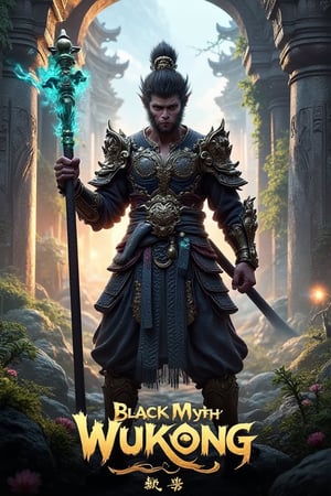 The poster for 'Black Myth: Wukong' features Wukong in a powerful, heroic pose, depicted with intense focus and determination, illuminated by dramatic, cinematic lighting that enhances the intricate details of his ornate armor, which blends traditional Asian motifs with fantastical designs. His staff, detailed with ancient runes and glowing with mystical energy, is central to the composition, surrounded by dynamic magical effects in vibrant hues of blue, green, and purple. The background showcases grand ancient ruins with crumbling columns and overgrown vines, bathed in warm, dramatic lighting that highlights their weathered textures and adds a sense of forgotten grandeur. Mythical creatures in the distance, rendered with ethereal details and magical auras, contribute to the expansive, enchanted world. The foreground features a lush, mystical forest with dense foliage and vibrant flowers, casting dappled shadows through the filtering light, while the atmospheric effects of mist and fog enhance the depth and mystery of the scene. The title 'Black Myth: Wukong' is prominently displayed in a bold, stylized font, integrated with the game’s theme, and strategically placed to complement the overall composition. The rich color palette, featuring deep blues, fiery oranges, mystical greens, and earthy browns, is blended with smooth gradients to create a sense of depth and dimension, capturing the epic, high-fidelity fantasy style reminiscent of 'The Lord of the Rings' films, Studio Ghibli’s enchanting landscapes, and Final Fantasy’s detailed game art.,wukong,CNShenhou