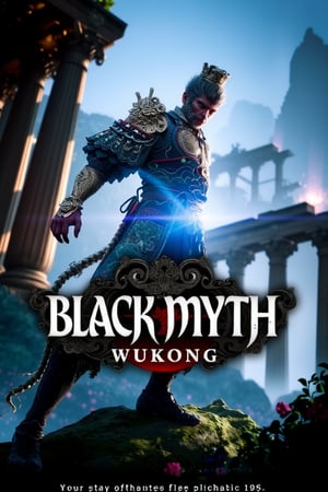 The poster for 'Black Myth: Wukong' features Wukong in a powerful, heroic pose, depicted with intense focus and determination, illuminated by dramatic, cinematic lighting that enhances the intricate details of his ornate armor, which blends traditional Asian motifs with fantastical designs. His staff, detailed with ancient runes and glowing with mystical energy, is central to the composition, surrounded by dynamic magical effects in vibrant hues of blue, green, and purple. The background showcases grand ancient ruins with crumbling columns and overgrown vines, bathed in warm, dramatic lighting that highlights their weathered textures and adds a sense of forgotten grandeur. Mythical creatures in the distance, rendered with ethereal details and magical auras, contribute to the expansive, enchanted world. The foreground features a lush, mystical forest with dense foliage and vibrant flowers, casting dappled shadows through the filtering light, while the atmospheric effects of mist and fog enhance the depth and mystery of the scene. The title 'Black Myth: Wukong' is prominently displayed in a bold, stylized font, integrated with the game’s theme, and strategically placed to complement the overall composition. The rich color palette, featuring deep blues, fiery oranges, mystical greens, and earthy browns, is blended with smooth gradients to create a sense of depth and dimension, capturing the epic, high-fidelity fantasy style reminiscent of 'The Lord of the Rings' films, Studio Ghibli’s enchanting landscapes, and Final Fantasy’s detailed game art.