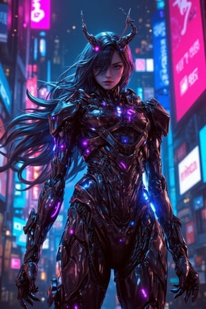 Masterpiece, (8K High Resolution), (Ultra High Resolution 3840 x 2160), (Ultimate Subjective), (12K Ultra High Resolution Wallpaper 8k), photography, futuristic cyberpunk style, real life, strikingly beautiful, (highly detailed, intricately detailed), ray tracing, (dramatic lighting), a photo, in neon colors, vibrant cityscape, realistic style, digital illustrations, mixed media pieces, sculptures casting shadows, (intense atmosphere), a fierce (1girl) with metallic cyberpunk armor, illuminated by city lights, long hair cascading, striking a powerful pose, surrounded by holographic displays and towering skyscrapers, full body view, exuding confidence and strength
