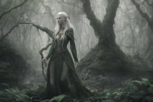 elf Druid in forest, white hair, green and brown natural clothing, female, feminine, elf ears, pointy ears, green eyes, mysterious necklace, spiders surrounding, big spiders, dungeons and dragons, green cloak, misty, twilight, running