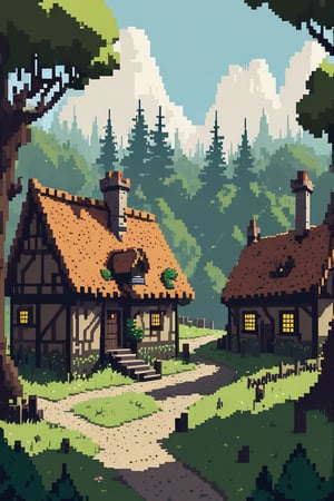 Pixel-Art Adventure featuring **Bryrwood** is a small village on the outskirts of the Branwyld, an ancient and untamed forest filled with dangerous magic and creatures. The village is largely human, with a few halflings among the population. The villagers of Bryrwood are disconnected from the magical history of the forest and have grown fearful of its mysteries. They despise magic despite living near a place steeped in it. Once a community that relied on the magic of the Branwyld for guidance, Bryrwood has since forgotten the old stories, becoming insular and wary of the forces that surround them. 

The atmosphere in Bryrwood is tense, as the villagers rarely venture into the forest anymore, leaving them cut off from its power and mystery. The village is a blend of simple homes, worn by time, and a central meeting space where whispers of danger circulate. Despite its proximity to the Branwyld, Bryrwood feels like a place on the edge of something much larger and more dangerous than its residents are willing to admit. vibrant 8-bit environment, reminiscent of classic games.,Leonardo Style