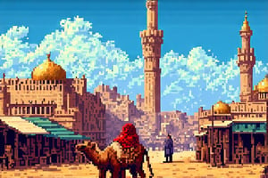 A majestic shot of Sundarakh's cityscape: towering minarets pierce the dusty blue sky, while intricately tiled domes glimmer in the golden desert light. The bustling streets teem with merchants and travelers from far-off lands. In the foreground, a sturdy camel stands proudly, its owner negotiating a trade with a hooded figure. The city's walls, adorned with ancient carvings of mythical creatures, stretch out to the horizon. pixel art,TOK