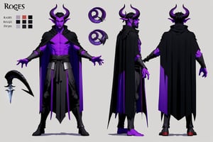 purple skin, tiefling rouge, long wavy black hair, curled back ram horns, thin frame, silver eyes, fighting stance, black cloak, dungeons and dragons, character sheet art, character, design, sheet, character design sheet, concept, male, thin angular face, dark cloak, dynamic pose, daggers, rouge, tiefling, dark assisian clothing.