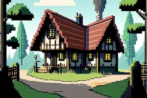 Pixel-Art Adventure featuring **Bryrwood** is a small village on the outskirts of the Branwyld, an ancient and untamed forest filled with dangerous magic and creatures. The village is largely human, with a few halflings among the population. The villagers of Bryrwood are disconnected from the magical history of the forest and have grown fearful of its mysteries. They despise magic despite living near a place steeped in it. Once a community that relied on the magic of the Branwyld for guidance, Bryrwood has since forgotten the old stories, becoming insular and wary of the forces that surround them. 

The atmosphere in Bryrwood is tense, as the villagers rarely venture into the forest anymore, leaving them cut off from its power and mystery. The village is a blend of simple homes, worn by time, and a central meeting space where whispers of danger circulate. Despite its proximity to the Branwyld, Bryrwood feels like a place on the edge of something much larger and more dangerous than its residents are willing to admit. vibrant 8-bit environment, reminiscent of classic games.,Leonardo Style