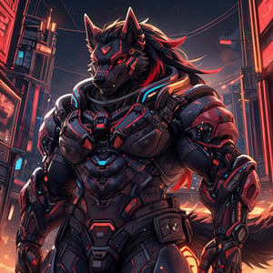 8k, masterpiece, anthro, male, solo, werewolf, black fur, handsome, muscular, huge muscles, black long hair, red highlights, glowing crimson red eyes, red optics, werewolf ears, snout, werewolf tail, black sci-fi armor, (Weight 0.8), exoskeleton, fullbody, body shot, dark background, cyberpunk, HXARMOUR