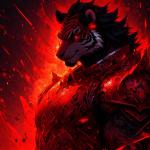 8k, masterpiece, anthro, male, solo, tiger, black fur, handsome, bara, muscular, huge muscles, flowing black hair, glowing red eyes, tiger ears, snout, tiger tail, biomechanical armor, japanese armor, fullbody, body shot, glowing, dark background, r!ge, (purple theme: 1), (red theme: 1.2)