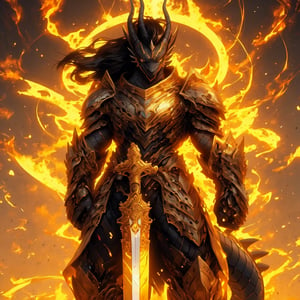 8k, masterpiece, anthro, male, tall, dragon, solo, gold scales, handsome, muscular, long black hair, yellow eyes, dragon ears, snout, dragon tail, biomechanical armor, futuristic mask, holding sword, fullbody, glowing, aura, r!ge, (yellow theme: 1)