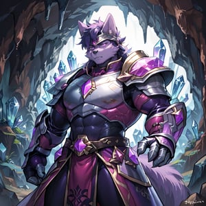 8k, masterpiece, anthro, male, solo, tall, wolf, handsome, purple fur, short purple hair, glowing purple eyes, purple wolf ears, snout, purple wolf tail, fullbody, body shot, looking at viewer, crystal gauntlets, crystal armor, background: cave, amethyst, suurin, score_8_up