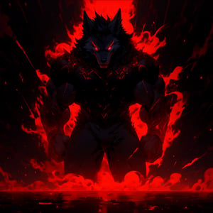 8k, masterpiece, anthro, male, solo, werewolf, black fur, handsome, bara, muscular, huge muscles, long black hair, glowing red eyes, black sclera, wolf ears, snout, wolf tail, fullbody, looking at viewer, angry, glowing, aura, dark background, r1ge, (red theme:1.2)