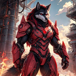 8k, masterpiece, anthro, male, wolf, solo, black fur, handsome, muscular, big muscles, black long hair, red highlights, glowing crimson red eyes, red optics, wolf ears, snout, wolf tail, black sci-fi armor, exoskeleton, fullbody, background: facility