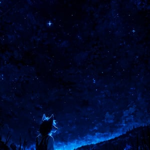 8k, masterpiece, anthro, male, wolf, solo, black hair, wolf ears, snout, wolf tail, viewing away, background: hill, background focus, night sky, starry sky, glowing, r!ge (blue theme: 1.2) (violet theme: 1)