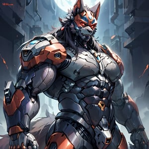 8k, masterpiece, anthro, male, solo, robot, werewolf, black fur, handsome, bara, muscular, huge muscles, long black hair, glowing red eyes, wolf ears, snout, wolf tail, cybernetics, fullbody, body shot, black sci-fi armor, sci-fi mask, looking at viewer, mad, dark background, suurin, score_8_up, furry