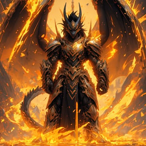 8k, masterpiece, anthro, male, tall, dragon, solo, gold scales, handsome, muscular, long black hair, yellow eyes, dragon ears, snout, dragon tail, biomechanical armor, futuristic mask, holding sword, fullbody, glowing, aura, r!ge, (yellow theme: 1)