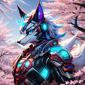 8k, masterpiece, anthro, male, kitsune, solo, white fur, handsome, athletic, white flowing hair, blue highlights, glowing aqua blue eyes, blue optics, kitsune ears, snout, kitsune tail, sci-fi armor, japanese armor, exoskeleton, fullbody, background: cherry blossom forest