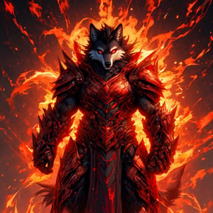 8k, masterpiece, anthro, male, wolf, solo, black fur, handsome, muscular, black hair, glowing red eyes, wolf ears, snout, wolf tail, biomechanical armor, fullbody, glowing, r!ge, (red theme: 1)