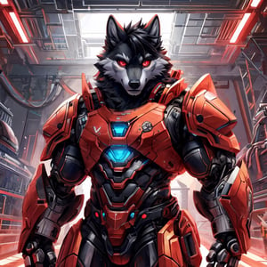 8k, masterpiece, anthro, male, wolf, tall, solo, black fur, handsome, black hair, glowing red eyes, red optics, bara, muscular, huge muscles, snout, mechanical wolf tail, black sci-fi armor, huge armored suit, exoskeleton, fullbody, background: facility