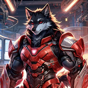 8k, masterpiece, anthro, male, wolf, solo, black fur, handsome, black long hair, glowing crimson red eyes, red optics, muscular, large muscles, snout, wolf tail, black and red sci-fi armor, exoskeleton, fullbody, background: laboratory