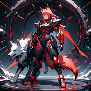 8k, masterpiece, solo, robotic body, wolf, red highlights, red eyes, wolf ears, snout, wolf tail, black sci-fi armor, fullbody