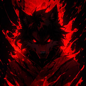 8k, masterpiece, anthro, male, solo, wolf, black fur, handsome, muscular, long black hair, glowing red eyes, black sclera, wolf ears, snout, wolf tail, fullbody, looking at viewer, angry, glowing, aura, dark background, r1ge, (red theme:1.2)