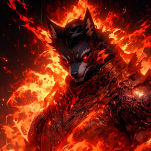 8k, masterpiece, anthro, male, solo, werewolf, black fur, handsome, bara, muscular, huge muscles, long black hair, red eyes, black sclera, wolf ears, snout, wolf tail, fullbody, looking at viewer, biomechanical armor, sci fi armor, mask, glowing, aura, dark background, r1ge, (violet theme:1), (pink theme: 1), (red theme: 1)