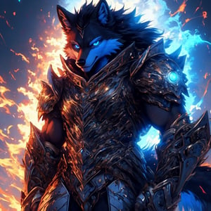 8k, masterpiece, anthro, male, wolf, solo, black fur, handsome, muscular, black hair, glowing blue eyes, wolf ears, snout, wolf tail, biomechanical armor, fullbody, glowing, r!ge, (blue theme: 1)