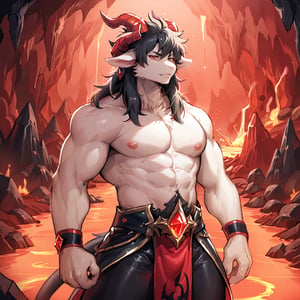 8k, masterpiece, anthro, male, solo, goat, white fur, handsome, athletic, long black hair, red eyes, goat ears, snout, goat tail, long demonic horns, fullbody, long demonic robes, background: dark cave, lava, red background, suurin, score_9