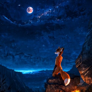 8k, masterpiece, anthro, male, fox, solo, brown hair, fox ears, snout, fox tail, background: cliff, night sky, moon, starry sky, glowing sky