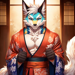 8k, masterpiece, anthro, male, kitsune, solo, white fur, handsome, short white hair, blue eyes, muscular, big muscles, kitsune ears, snout, kitsune tail, fullbody, looking at viewer, kimono, background: japanese temple