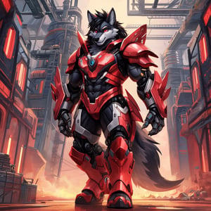 8k, masterpiece, anthro, male, wolf, tall, solo, black fur, handsome, black hair, glowing red eyes, red optics, bara, muscular, huge muscles, snout, mechanical wolf tail, black sci-fi armor, huge armored suit, exoskeleton, fullbody, background: facility