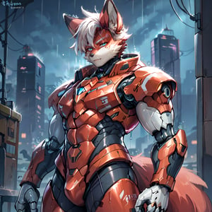 8k, masterpiece, anthro, male, solo, robot, fox, red fur, handsome, athletic, short red hair, white highlights, glowing blue eyes, fox ears, snout, fox tail, cybernetics, fullbody, body shot, red sci-fi armor, looking at viewer, dark background, rain, suurin, score_8_up, furry