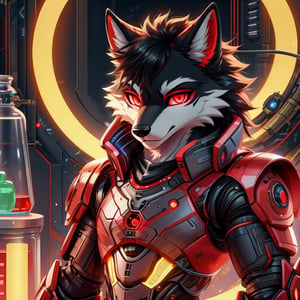 8k, masterpiece, anthro, male, wolf, solo, black fur, handsome, black short metallic hair, glowing red eyes, red optics, snout, wolf tail, black and red sci-fi armor, exoskeleton, fullbody, background: laboratory