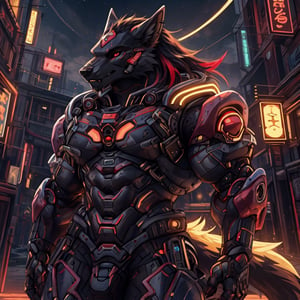 8k, masterpiece, anthro, male, solo, werewolf, black fur, handsome, muscular, huge muscles, black long hair, red highlights, glowing crimson red eyes, red optics, werewolf ears, snout, werewolf tail, black sci-fi armor, (Weight 0.8), exoskeleton, fullbody, body shot, dark background, cyberpunk, HXARMOUR