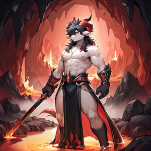 8k, masterpiece, anthro, male, solo, goat, white fur, handsome, athletic, long black hair, red eyes, goat ears, snout, goat tail, long black demonic horns, fullbody, demonic robes, background: dark cave, lava, red background, suurin, score_9