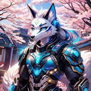 8k, masterpiece, anthro, male, kitsune, solo, white fur, handsome, athletic, white flowing hair, blue highlights, glowing aqua blue eyes, blue optics, kitsune ears, snout, kitsune tail, sci-fi armor, japanese armor, exoskeleton, fullbody, background: cherry blossom forest