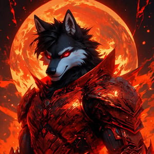 8k, masterpiece, anthro, male, wolf, solo, black fur, handsome, muscular, black hair, glowing red eyes, wolf ears, snout, wolf tail, biomechanical armor, fullbody, glowing, r!ge, (red theme: 1)