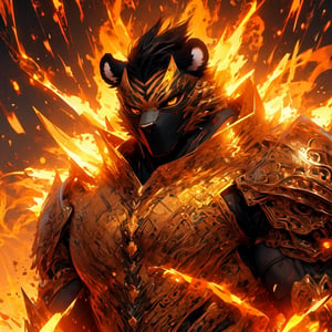 8k, masterpiece, anthro, male, solo, tiger, handsome, muscular, large muscles, short black hair, glowing yellow eyes, tiger ears, snout, tiger tail, biomechanical armor, japanese armor, oni mask, fullbody, body shot, glowing, aura, r!ge, (orange theme: 1)