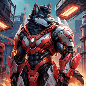 8k, masterpiece, anthro, male, wolf, tall, solo, black fur, handsome, black hair, glowing red eyes, red optics, bara, muscular, huge muscles, snout, mechanical wolf tail, black sci-fi armor, huge armored suit, exoskeleton, fullbody, background: facility