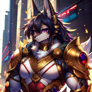 8k, masterpiece, (by: complextree), (by: ber00), (by: utterangle), (by: inu_sama), (by: kakuteki11029), anthro, male, jackal, solo, black fur, handsome, black long hair, purple eyes, muscular, big muscles, jackal ears, snout, jackal tail, egyptian sci-fi armor, exoskeleton, fullbody, looking at viewer