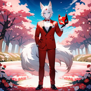 8k, masterpiece, anthro, male, human, solo, pale skin, handsome, red long hair, white highlights, aqua blue eyes, athletic, fox ears, fox tail, fullbody, looking at viewer, red and white formal jacket, red and white formal pants, holding kitsune mask, background: cherry blossom forest