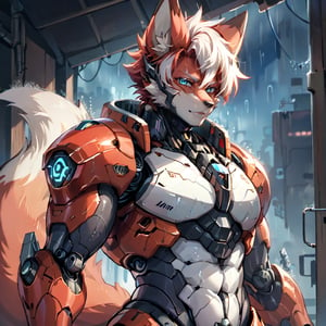 8k, masterpiece, anthro, male, solo, robot, fox, red fur, handsome, athletic, short red hair, white highlights, glowing blue eyes, fox ears, snout, fox tail, cybernetics, fullbody, body shot, red sci-fi armor, looking at viewer, dark background, rain, suurin, score_8_up, furry