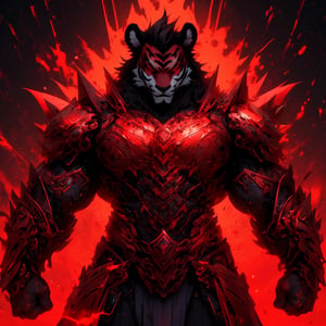 8k, masterpiece, anthro, male, solo, tiger, black fur, handsome, bara, muscular, huge muscles, flowing black hair, glowing red eyes, tiger ears, snout, tiger tail, biomechanical armor, japanese armor, fullbody, body shot, glowing, dark background, r!ge, (purple theme: 1), (red theme: 1.2)