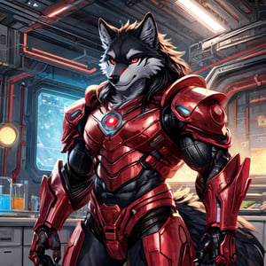 8k, masterpiece, anthro, male, wolf, solo, black fur, handsome, black long hair, glowing crimson red eyes, red optics, muscular, large muscles, snout, wolf tail, black and red sci-fi armor, exoskeleton, fullbody, background: laboratory