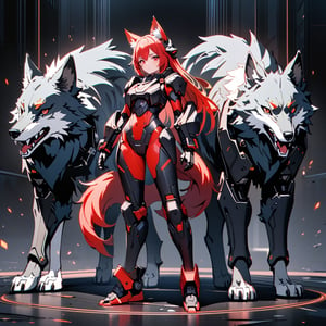 8k, masterpiece, solo, robotic body, wolf, red highlights, red eyes, wolf ears, snout, wolf tail, black sci-fi armor, fullbody