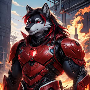 8k, masterpiece, anthro, male, wolf, solo, black fur, handsome, muscular, big muscles, black long hair, red highlights, glowing crimson red eyes, red optics, wolf ears, snout, wolf tail, black sci-fi armor, exoskeleton, fullbody, body shot, background: facility