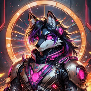 8k, masterpiece, anthro, male, fox, solo, black fur, handsome, athletic, long black hair, purple highlights, glowing red eyes, red optics, snout, fox tail, black and purple futuristic armor, exoskeleton, fullbody, 