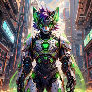 8k, masterpiece, anthro, male, robot, fox, solo, handsome, athletic, short purple hair, green highlights, green eyes, green optics, fox ears, snout, fox tail, futuristic armor, futuristic mask, exoskeleton, fullbody